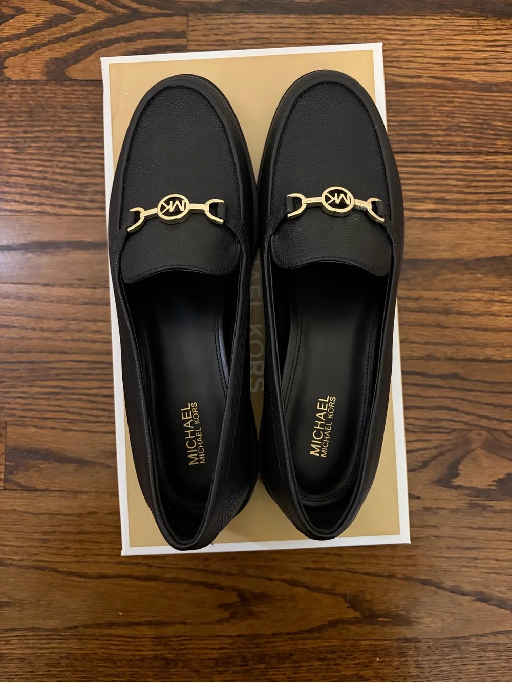 Michael Kors Natalie Black Gold Logo Loafers Size 7.5 - NWT